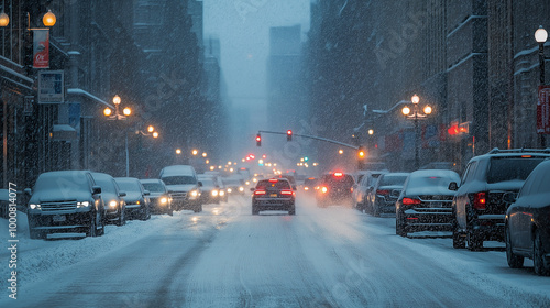 Snowy Urban Street at Night with Cars and Traffic Lights