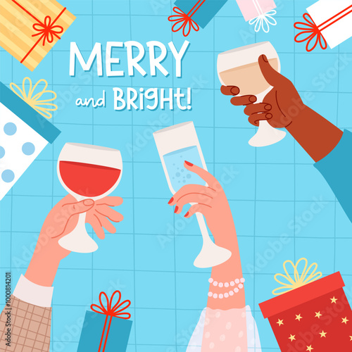 Holiday party postcard. Male ethnic black and light skinned hand with glass of red and white wine and female hand with drink in glassful on blue checkered background with gifts. Vector illustration
