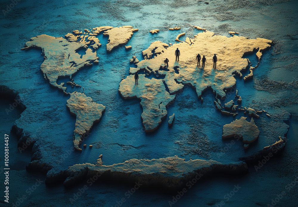 A world map composed of human figures, connecting different locations with lines and shapes A world map composed of human figures, connecting different locations with lines and shapes