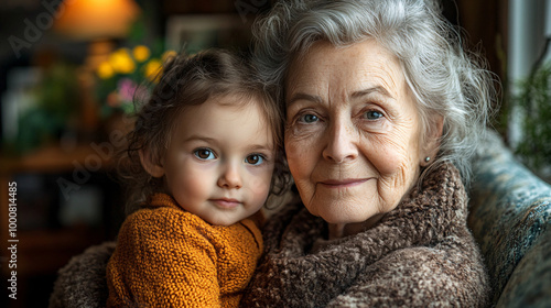 Adorable Granddaughter Cuddling Her Loving Grandmother Indoors