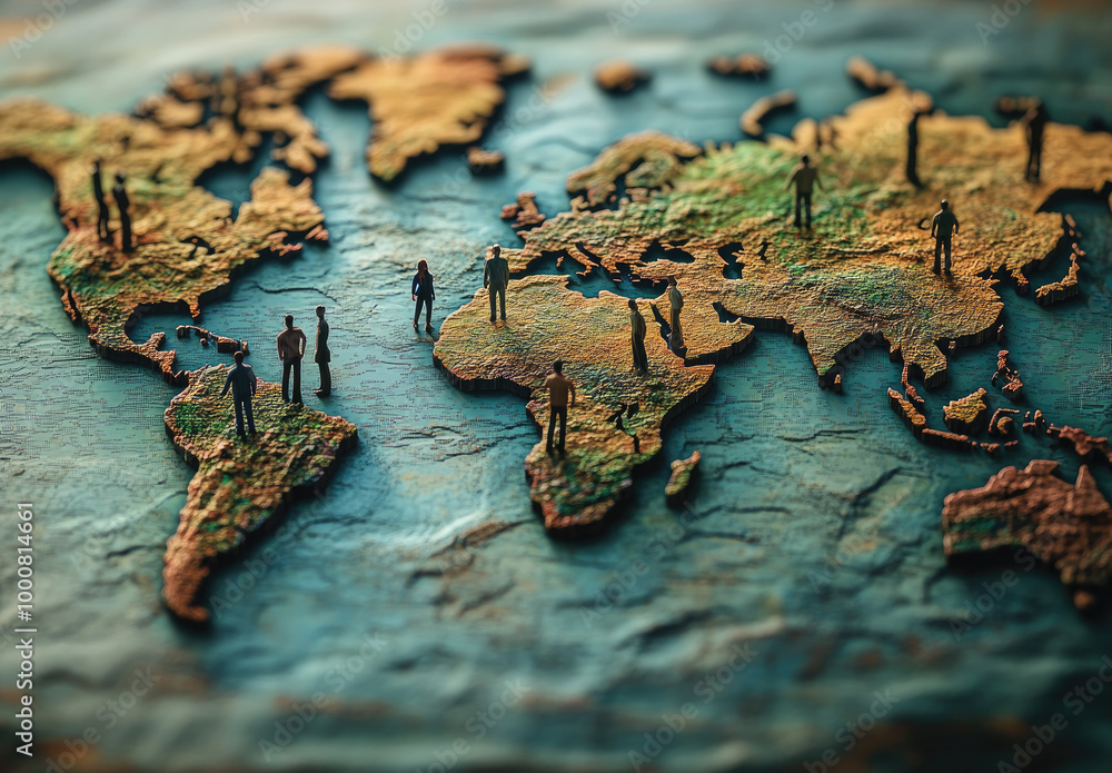 A world map composed of human figures, connecting different locations with lines and shapes A world map composed of human figures, connecting different locations with lines and shapes