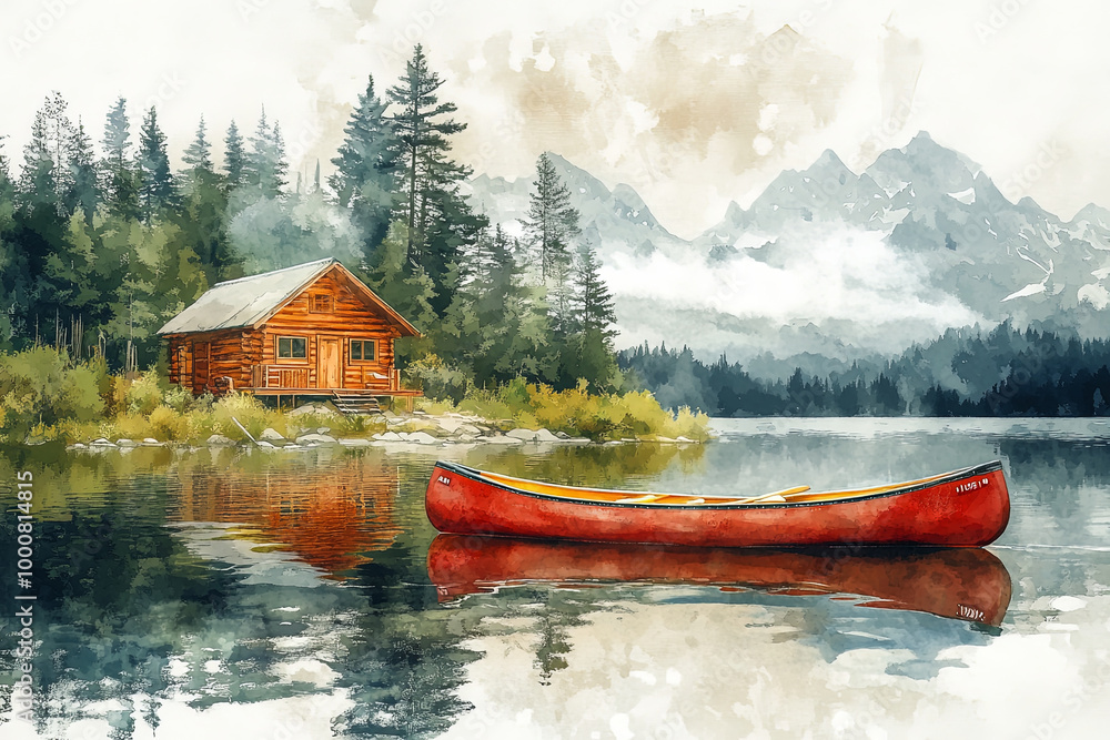 serene lakefront scene featuring rustic cabin and vibrant red canoe on calm waters, surrounded by lush trees and majestic mountains in background. tranquil atmosphere evokes sense of peace and