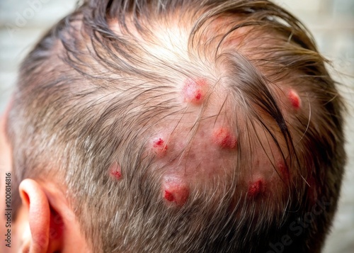 Close-up of scalp showing acne lesions and inflammation on skin, highlighting dermatological condition