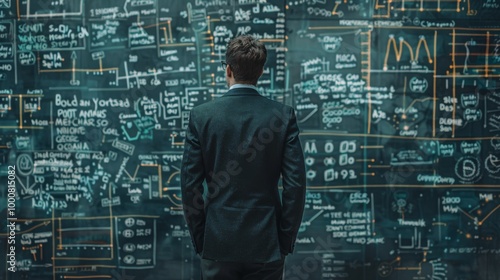 A daunting task, finding a solution a concept. A young businessman stands in front of a dark wall scribbled with complex calculations.