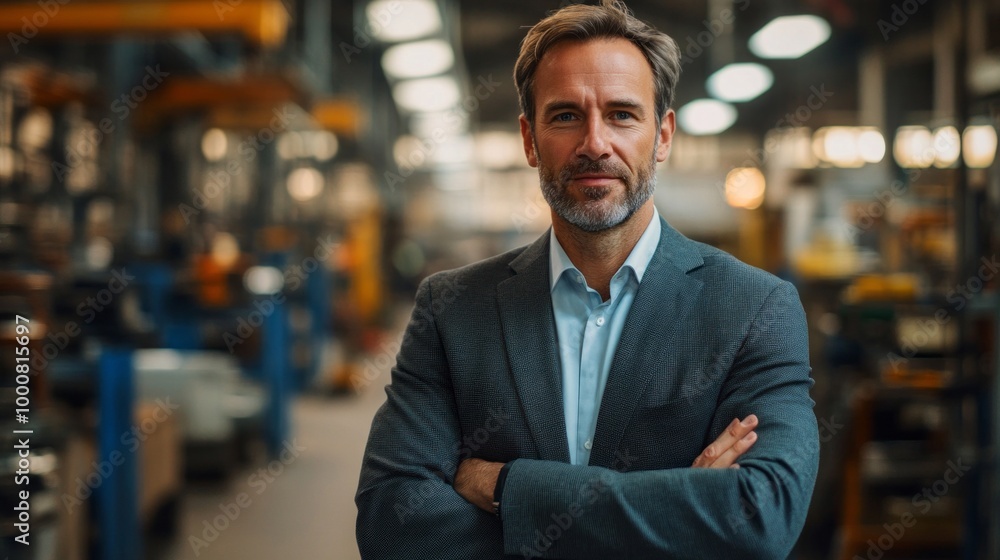 A man in a suit stands in a factory with his arms crossed A man in a suit stands in a factory with his arms crossed