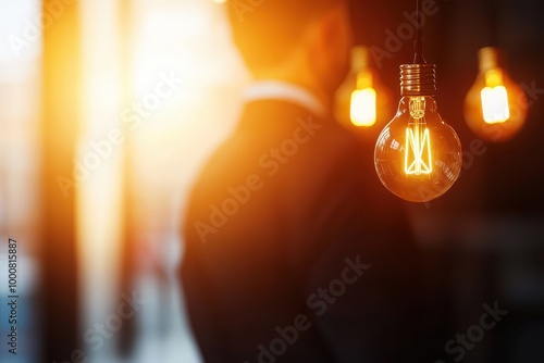 A professional man in a suit near glowing light bulbs in a modern setting.