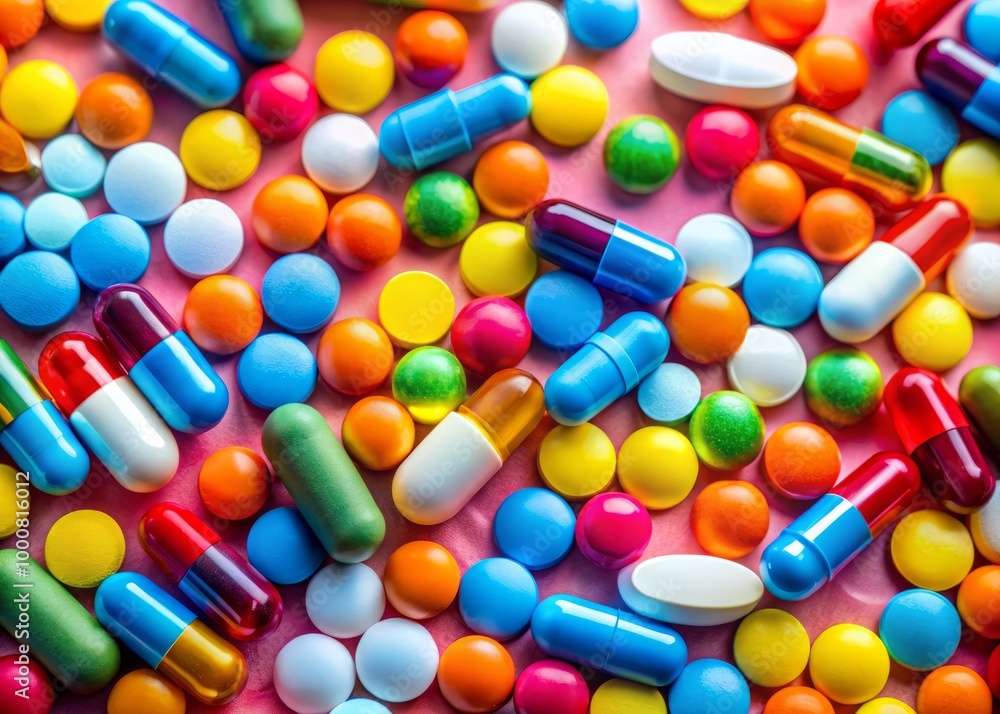 Close-up view of pills on a colorful background highlighting the concept of relaxation and calmness Close-up view of pills on a colorful background highlighting the concept of relaxation and calmness
