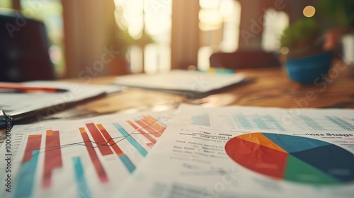 A close focus on business financial charts and colorful pie graphs laid out on a desk, indicating data analysis or strategic planning.