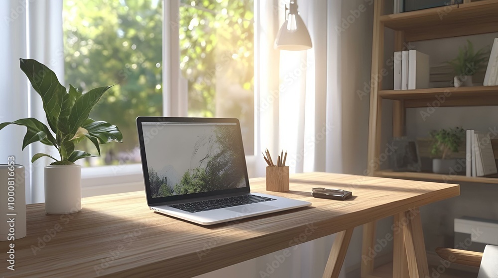 Sunlit Home Office with Laptop on Wooden Desk - A Modern Remote Work Space Setup. Sunlit Home Office with Laptop on Wooden Desk - A Modern Remote Work Space Setup.