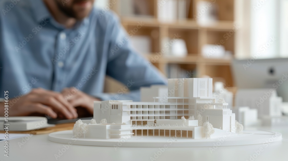 An architect working with a detailed scale model of a modern building, symbolizing architectural design, urban planning, and construction. An architect working with a detailed scale model of a modern building, symbolizing architectural design, urban planning, and construction.