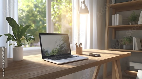 Sunlit Home Office with Laptop on Wooden Desk - A Modern Remote Work Space Setup.