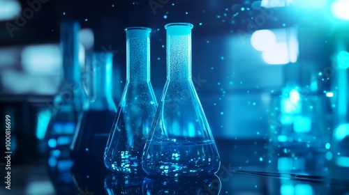 Sleek glass beakers filled with glowing blue liquid, arranged on a polished lab table, with a blurred background of scientific equipment and light particles