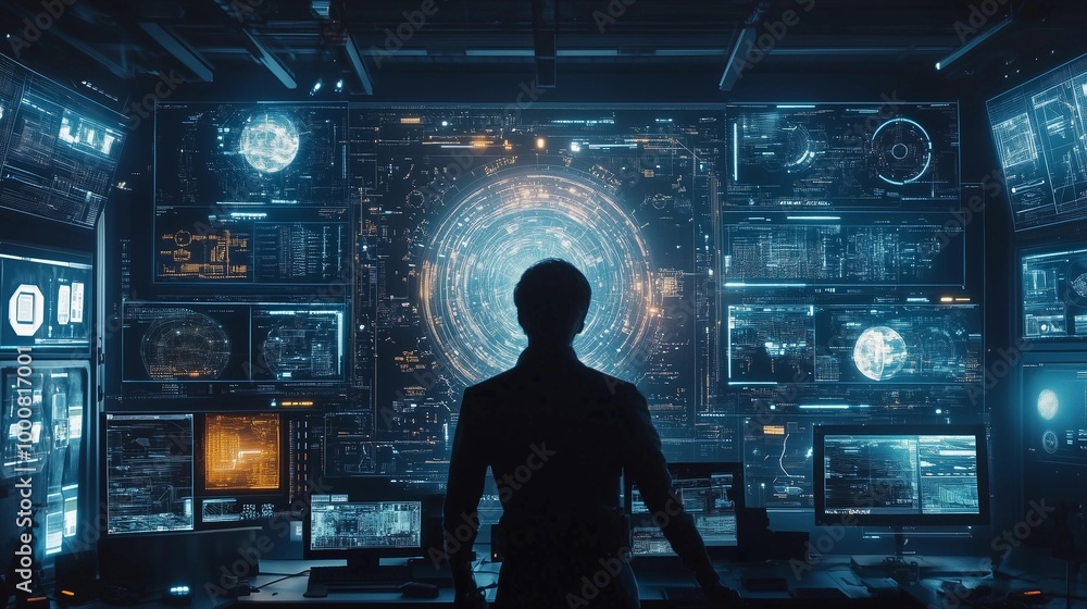 A silhouette of an AI scientific research scientist stands in front of multiple computer screens displaying futuristic digital and data visualizations, surrounded by holographic displays A silhouette of an AI scientific research scientist stands in front of multiple computer screens displaying futuristic digital and data visualizations, surrounded by holographic displays