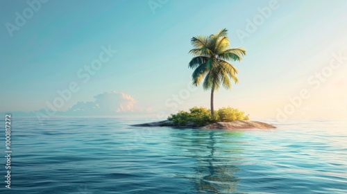 Solitary palm tree on a tiny desert island in the middle of a clear ocean on a sunny day