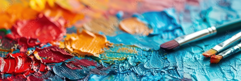 Obraz premium Close-up of vibrant oil paint smears on a palette with paintbrushes, showing bold colors and textured strokes in an artistic setup.