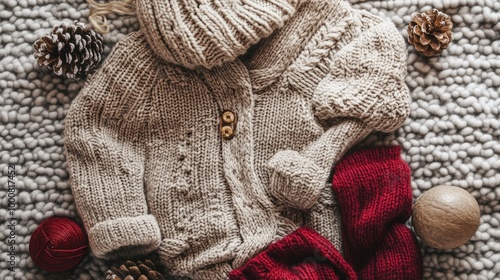 Cozy womenas winter fashion flat lay with a knitted cardigan, fuzzy socks, and a winter hat styled on a textured fabric background. photo