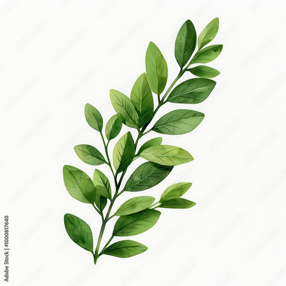 Green branch with leaves, white isolate background. Green branch with leaves, white isolate background.