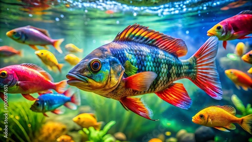 Colorful and Unique Freshwater Fish Swimming in a Vibrant Aquatic Environment Underwater Scene