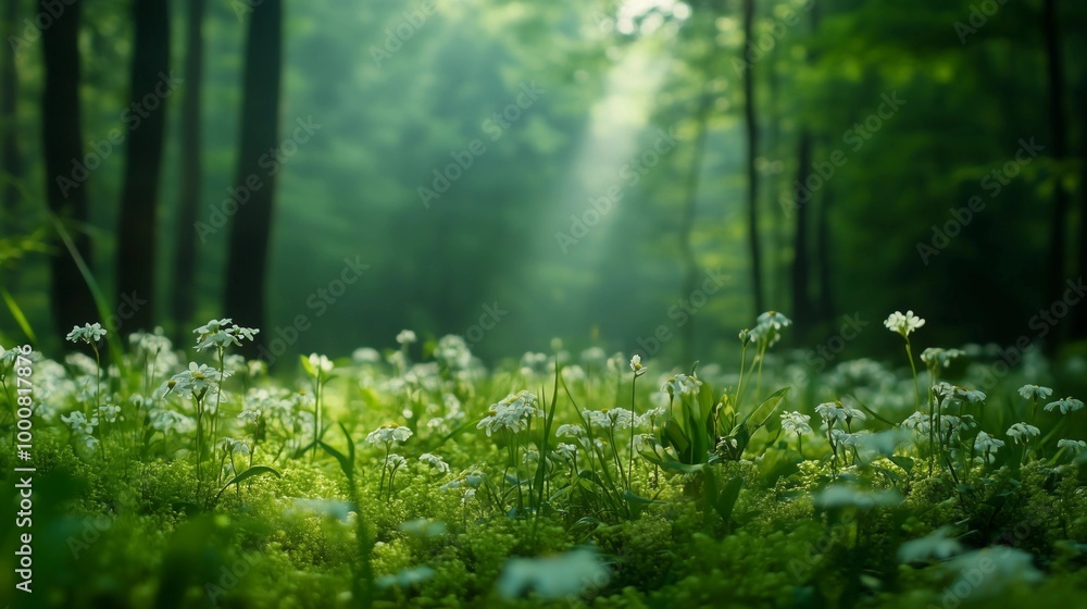 Fototapeta premium A serene forest scene with rays of sunlight filtering through the trees, illuminating wildflowers and moss-covered ground. The background is lush greenery, creating an atmosphere of tranquility
