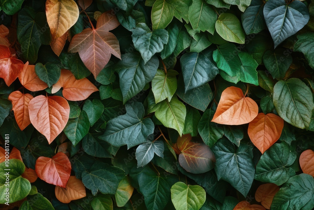 Close-up of vibrant green and brown leaves in a dense foliage. Close-up of vibrant green and brown leaves in a dense foliage.