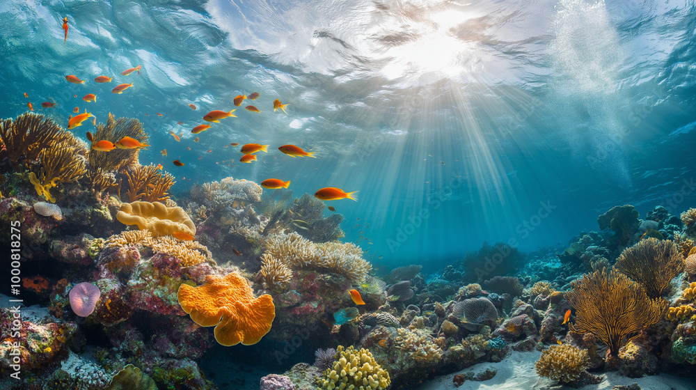 Fototapeta premium Sunlit Coral Reef with Tropical Fish in Crystal Clear Waters