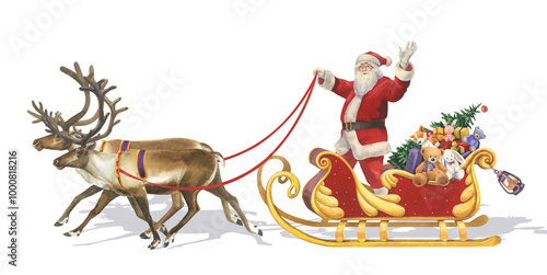 Watercolor Santa Claus on two reindeer with gifts on a white background