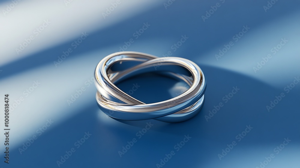Two silver rings are intertwined on a blue surface. Two silver rings are intertwined on a blue surface.