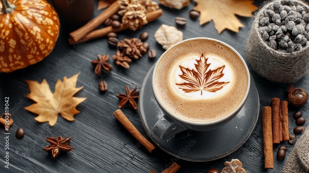 Coffee with leaf design, autumn decor with spices and pumpkin, cozy atmosphere. Coffee with leaf design, autumn decor with spices and pumpkin, cozy atmosphere.