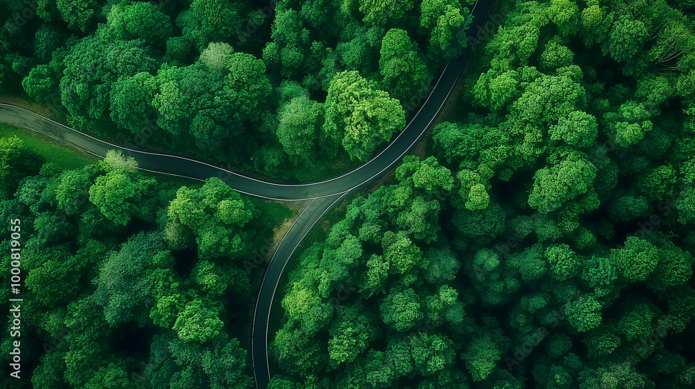 Aerial view of a winding road through a green forest, from a top down drone perspective. Aerial view of a winding road through a green forest, from a top down drone perspective.