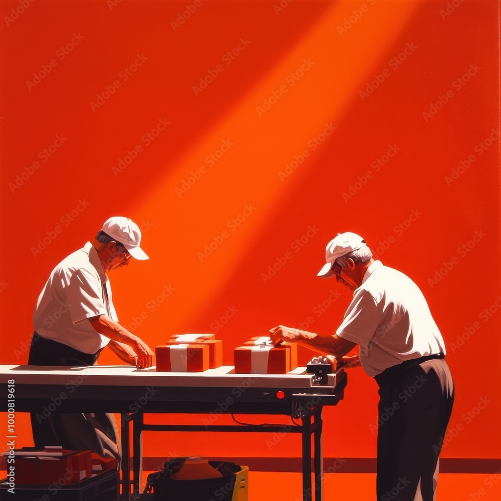 Two elderly workers assembling packages in a vibrant workspace. Two elderly workers assembling packages in a vibrant workspace.