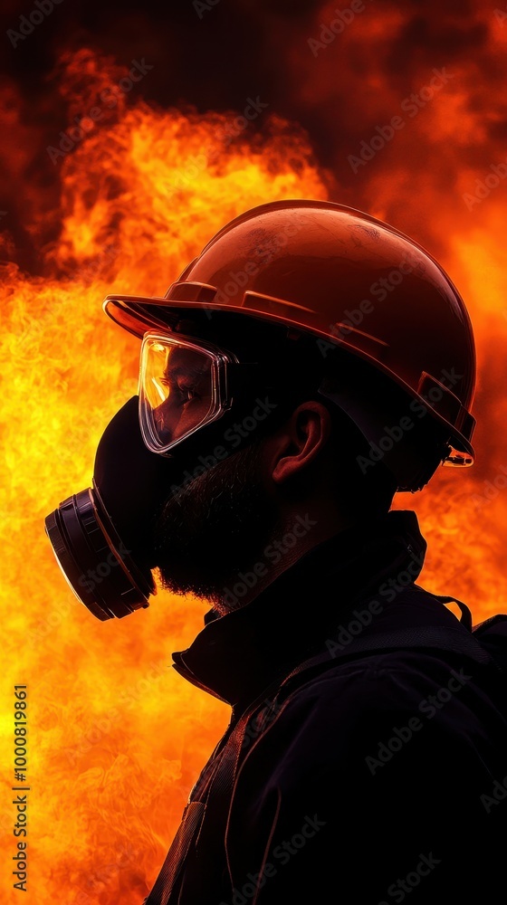 Worker in safety gear against fiery background, focus on protective equipment. Worker in safety gear against fiery background, focus on protective equipment.
