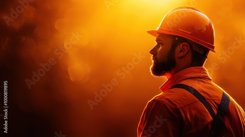 Worker in safety gear, orange helmet, silhouetted against warm sunset light