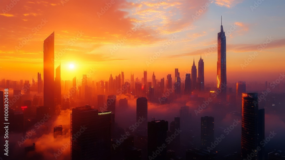 Cityscape Skyline Sunset with Fog and Clouds Cityscape Skyline Sunset with Fog and Clouds