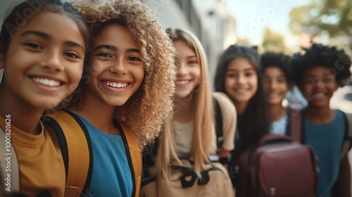 A group of diverse school children smile for the camera.