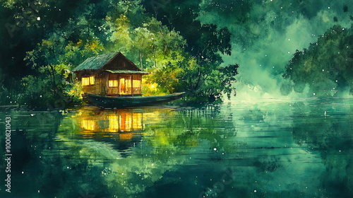 serene floating cabin reflects beautifully on calm river, surrounded by lush greenery and soft, glowing lights. tranquil atmosphere evokes sense of peace and harmony