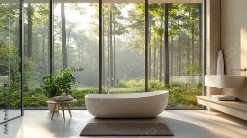 A chic Scandinavian bathroom  with sleek white fixtures  a freestanding bathtub  and floor-to-ceiling windows framing views of a serene forest