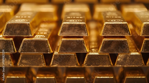 A close-up of stacked gold bars, showcasing their shiny surfaces and distinct shapes, representing wealth and luxury.