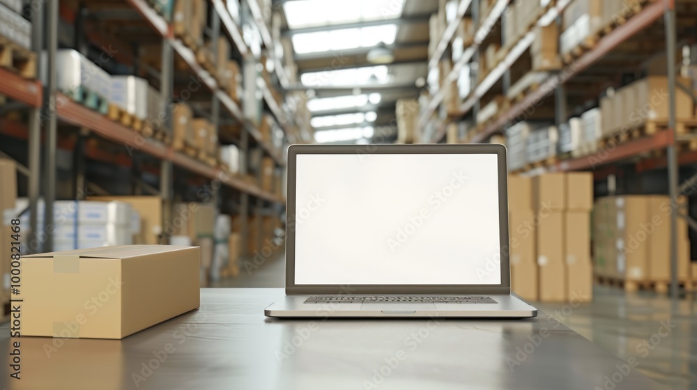 Laptop and Box in Warehouse Laptop and Box in Warehouse