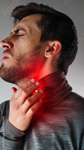 Inflamed discomfort: visual portrayal of sore throat caused by cold, highlighting irritation and discomfort associated with the common illness, with focus on swollen tissues and strained vocal cords. photo