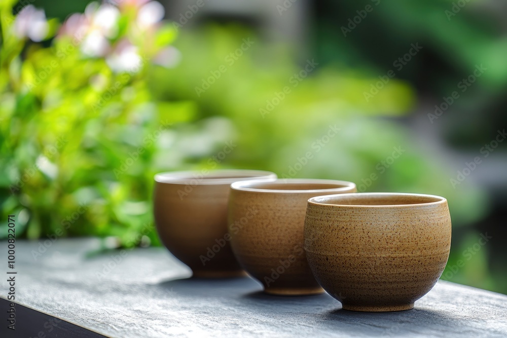Set of handmade ceramic clay cups, with the background of outdoor garden - generative ai Set of handmade ceramic clay cups, with the background of outdoor garden - generative ai