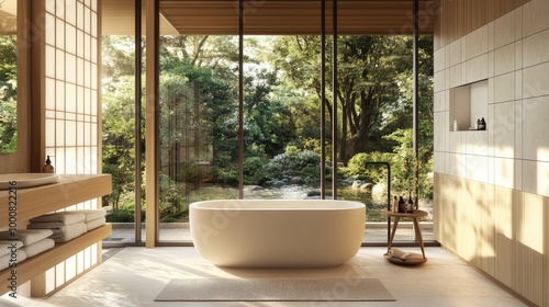 A contemporary Japanese bathroom, featuring sleek wooden fixtures, a freestanding bathtub, and floor-to-ceiling windows framing views of a tranquil garden