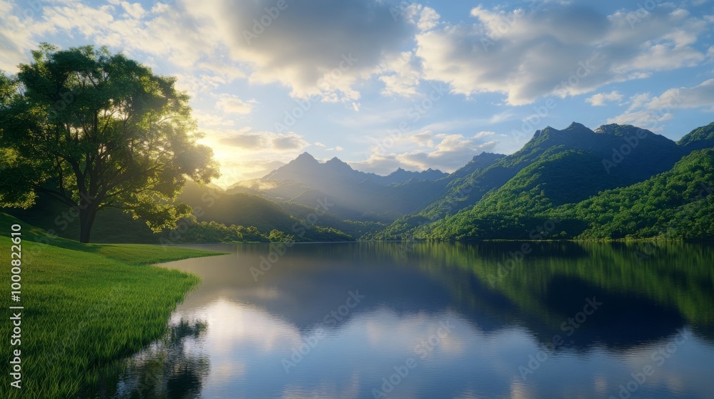 Mountain Lake Sunset Landscape with Green Trees and Clouds Mountain Lake Sunset Landscape with Green Trees and Clouds