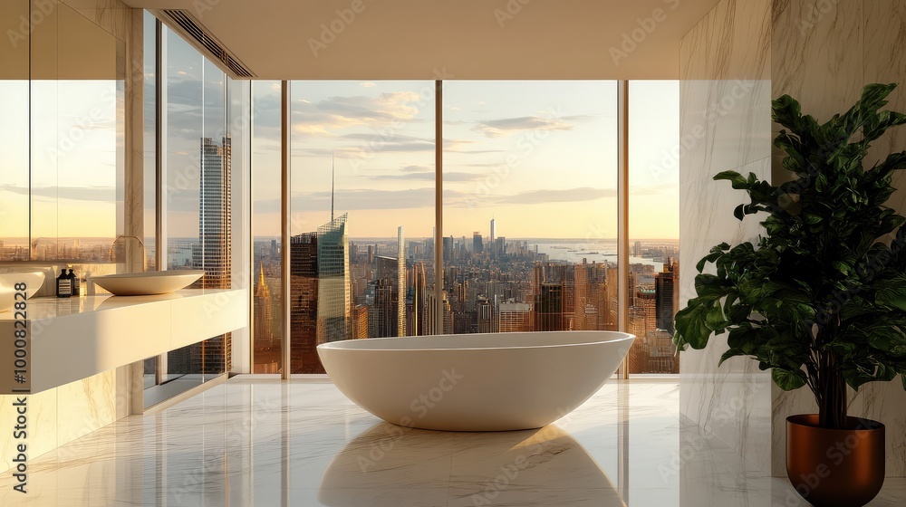 A contemporary penthouse bathroom, featuring sleek white fixtures, a freestanding bathtub, and large windows framing views of the city skyline A contemporary penthouse bathroom, featuring sleek white fixtures, a freestanding bathtub, and large windows framing views of the city skyline
