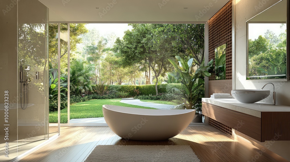 A contemporary villa bathroom, with sleek white fixtures, a freestanding bathtub, and large windows framing views of the garden A contemporary villa bathroom, with sleek white fixtures, a freestanding bathtub, and large windows framing views of the garden