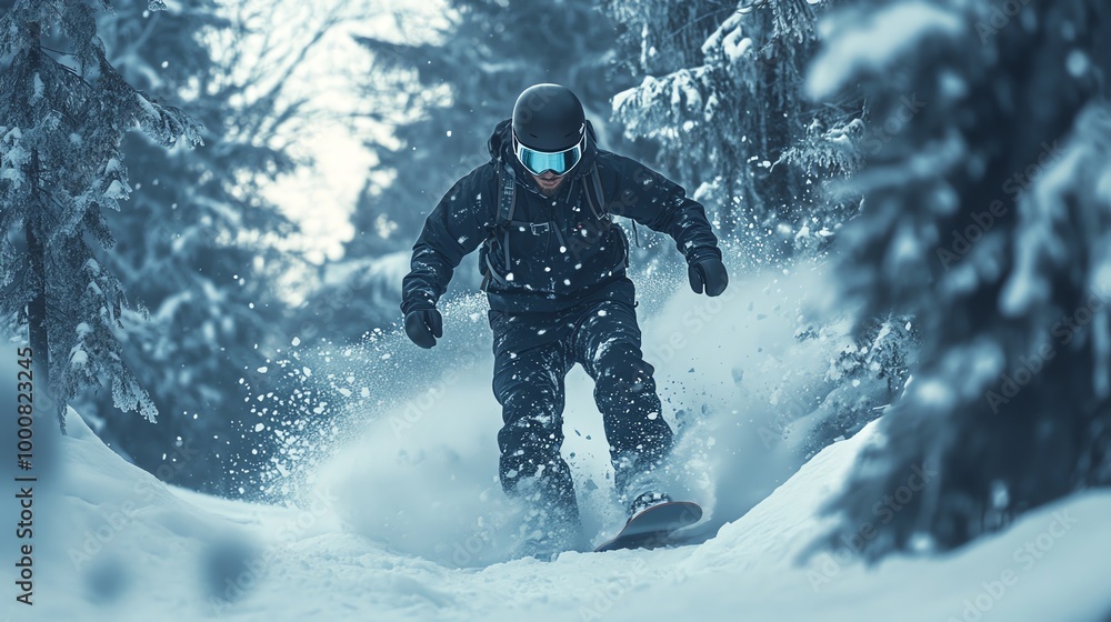 A snowboarder in a red jacket and helmet rides through fresh powder in a forest. A snowboarder in a red jacket and helmet rides through fresh powder in a forest.