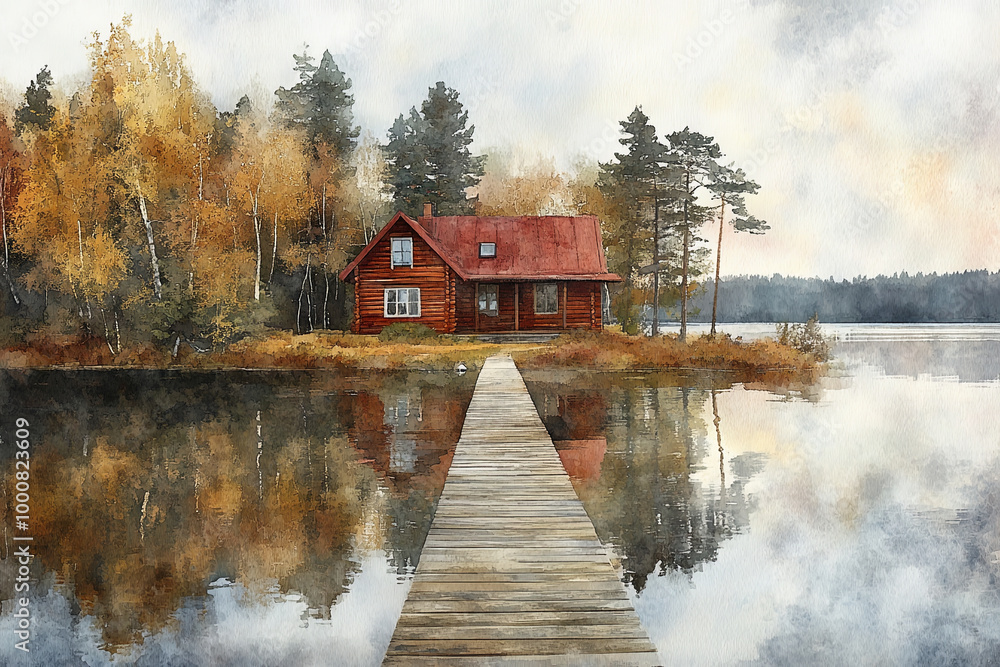 Obraz premium serene lakefront cottage surrounded by autumn foliage, with wooden dock leading to calm waters. peaceful scene evokes sense of tranquility and connection to nature