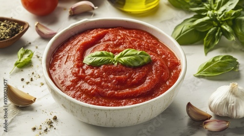 A bowl of thick tomato pur with a smooth, rich texture, surrounded by fresh ingredients like basil, garlic, and olive oil.