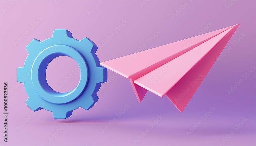 A colorful gear and a paper airplane on a pastel background, symbolizing creativity and innovation. A colorful gear and a paper airplane on a pastel background, symbolizing creativity and innovation.