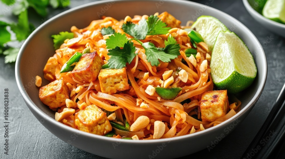 A bowl of vegetable pad Thai, with rice noodles, tofu, and peanuts, garnished with lime wedges and cilantro. A bowl of vegetable pad Thai, with rice noodles, tofu, and peanuts, garnished with lime wedges and cilantro.