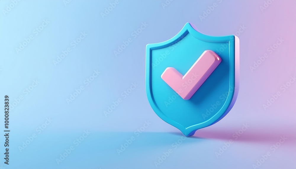 3D shield symbol with a pink checkmark, modern design on a gradient background. 3D shield symbol with a pink checkmark, modern design on a gradient background.